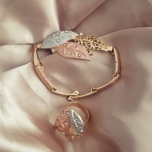 Gold & Bicolor Floral Vine Designed Bracelet & Ring Set